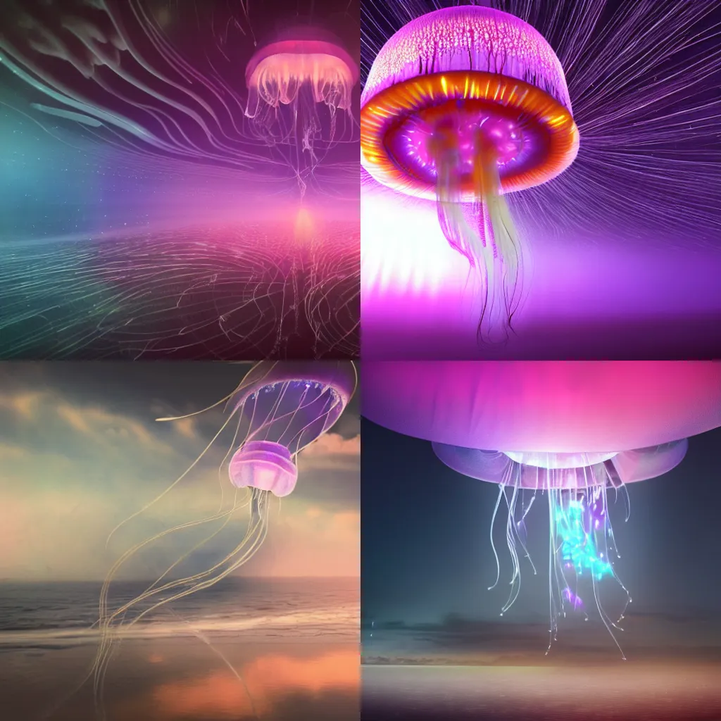 Prompt: a sky filled with irredesent light, futuristic jellyfish emerge from the clouds, cinematic, volumetric light