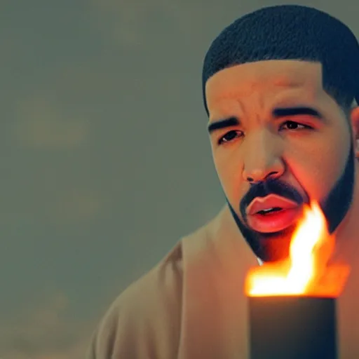 Image similar to cinematic film still of Drake starring as a Japanese Sensei with fire, Japanese CGI, VFX, 2022, 40mm lens, shallow depth of field, film photography