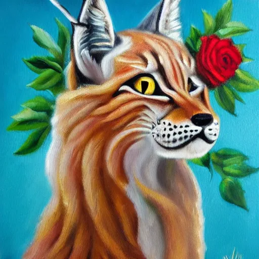 Prompt: an expressive oil painting of a lynx waring a crown!! made out of roses, crown of roses, roses in the shape of a hat, high quality art,