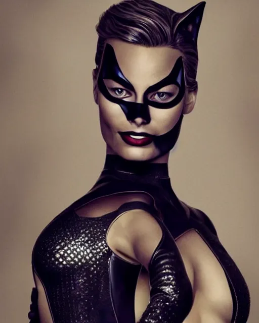 Image similar to portrait of margot robbie as cat woman, full body shot, highly detailed, detailed face, cinematic, professional photograph