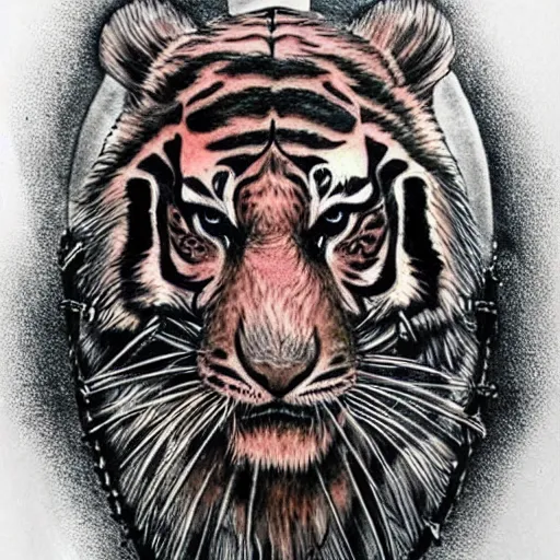 Image similar to a realistic tattoo design that has a beautiful warrior woman on the bottom and a tiger head on the top, highly detailed