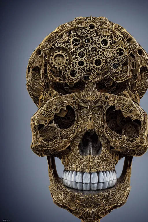 Image similar to hyperrealistic 3 d render skull, the skull is decorated with art deco gears patterns, hyperrealistic, volumetric lighting, ultra detailed, elegant, octane render, blue and gold, 8 k, trending on artstation, unreal engine