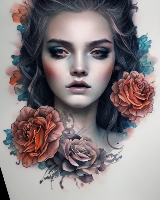 Prompt: auburn beauty portrait, ink smoke flower tattoo neck, celestial beauty water smoke floral portrait by wlop and artgerm, artstation, radiant light