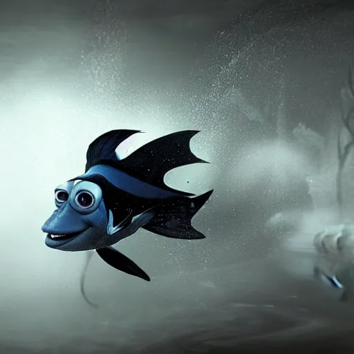 Image similar to evil dory chasing nemo through dark waters, creepy, dark, atmospheric, detailed, photorealistic