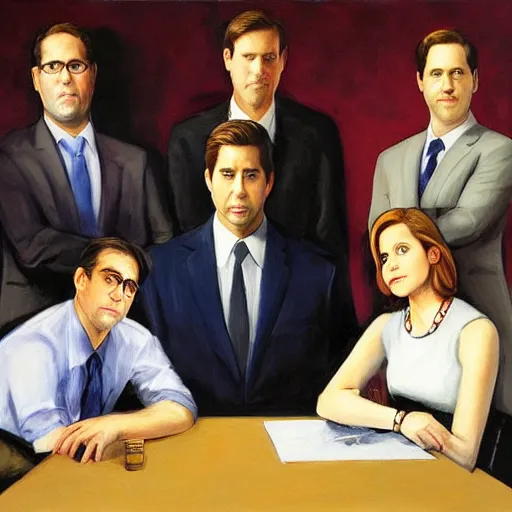 Prompt: the cast of the office, steve carell, jenna fischer, john krasinski, rainn wilson, portrait painting by edward hopper