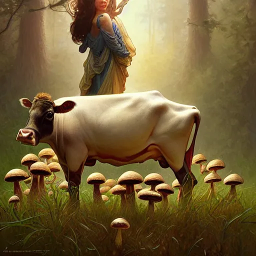 Prompt: long shot photo of a cow with many mushrooms sprouting from it's back and top, highly detailed, digital painting, artstation, smooth, sharp focus, illustration, art by artgerm and greg rutkowski and alphonse mucha