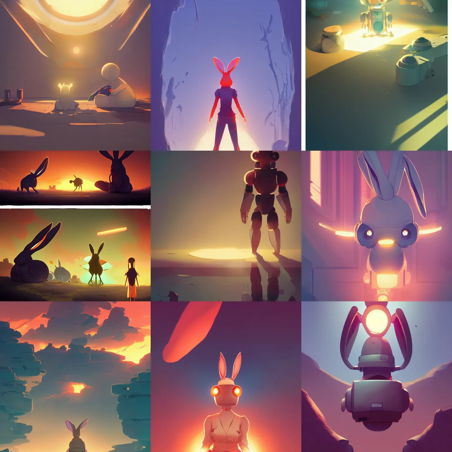 Prompt: rabbit robot minimalist comics, behance hd by jesper ejsing, by rhads, makoto shinkai and lois van baarle, ilya kuvshinov, rossdraws global illumination ray tracing hdr radiating a glowing aura