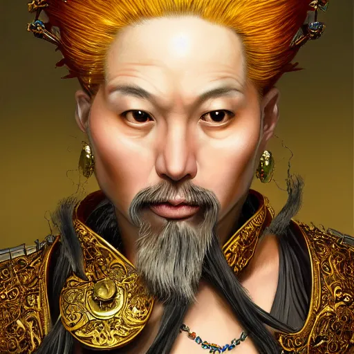 Image similar to portrait, headshot, insanely nice professional hair style, dramatic hair color, digital painting, of a old 17th century, old cyborg merchant, Chinese Three Kingdoms, amber jewels, baroque, ornate clothing, scifi, realistic, hyperdetailed, chiaroscuro, concept art, art by Franz Hals and Jon Foster and Ayami Kojima and Amano and Karol Bak,