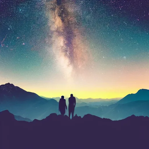 Image similar to a beautiful landscape showing mountains, stars and galaxies in the background. The silhouet of a young couple sits in the foreground