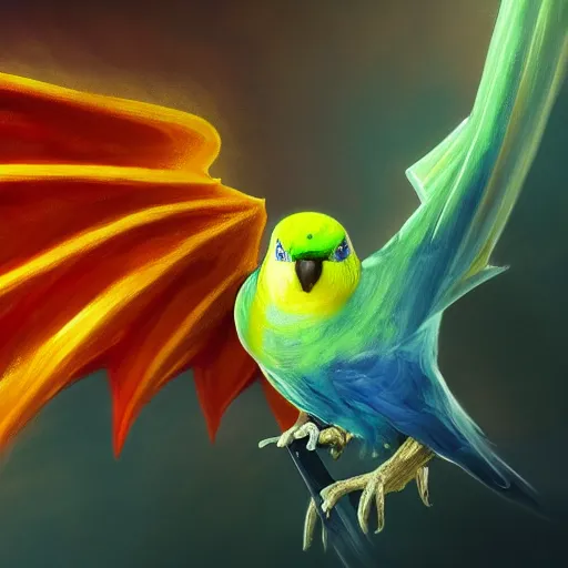 Prompt: an oil painting of a budgie with dragon wings, hd, hdr, ue 5, ue 6, unreal engine 5, cinematic 4 k wallpaper, 8 k, ultra detailed, high resolution, artstation, award winning