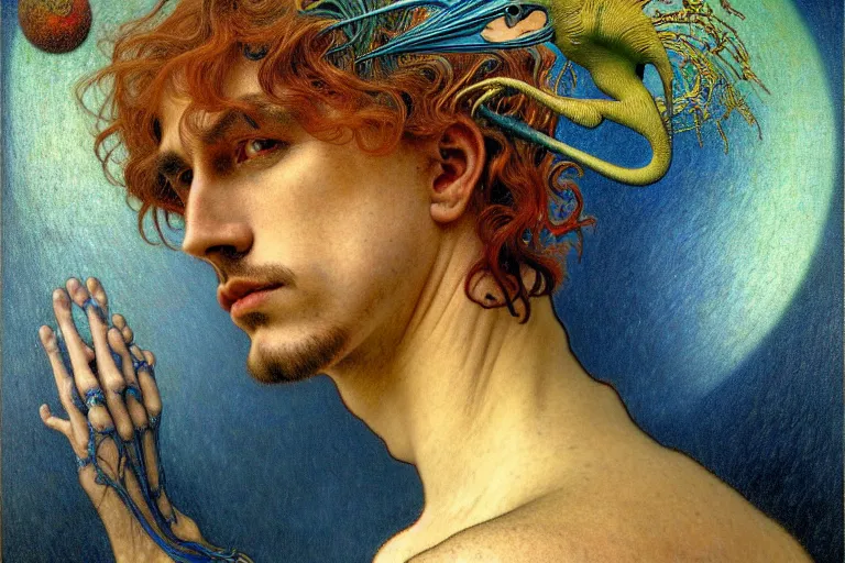 Image similar to realistic detailed portrait painting of a beautiful man with bird head, nightly graveyard landscape background by Jean Delville, Amano, Yves Tanguy, Max Ernst, Alphonse Mucha, Ernst Haeckel, Edward Robert Hughes, Roger Dean, masterpiece, cinematic composition, dramatic pose, 4k details, rich moody colours, blue eyes