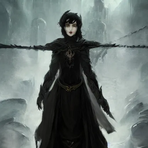 Image similar to a spooky female shadowy elf in dark robes, short curly black hair bangs, dnd character art portrait, by ruan jia