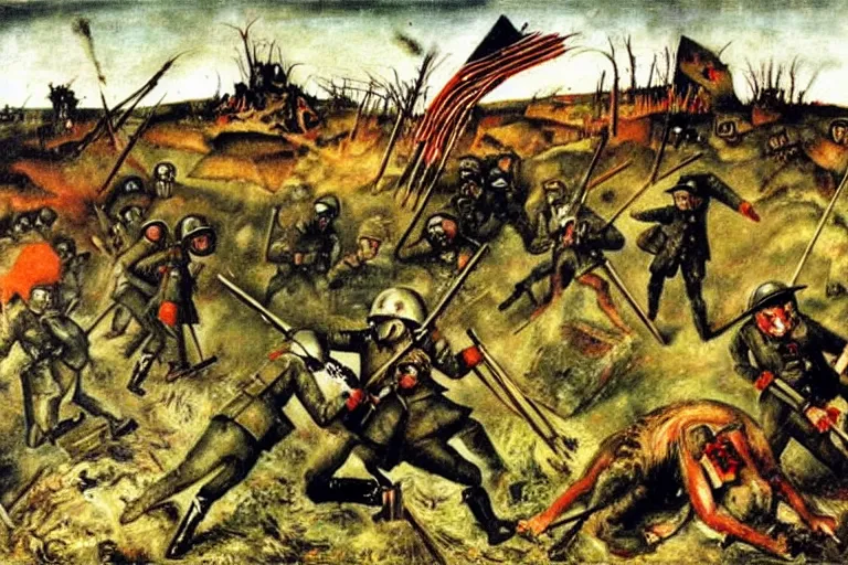 Prompt: a scene from a battlefield, painting by otto dix, k