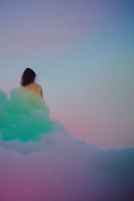 Image similar to high quality pastel coloured film close up wide angle photograph of a model wearing clothing resting on cloud furniture in a icelandic black rock!! environment in a partially haze filled dreamstate world. three point light, rainbow. photographic production. art directed. pastel colours. volumetric clouds. pastel gradient overlay. waves glitch artefacts. extreme facial clarity. 8 k. filmic.