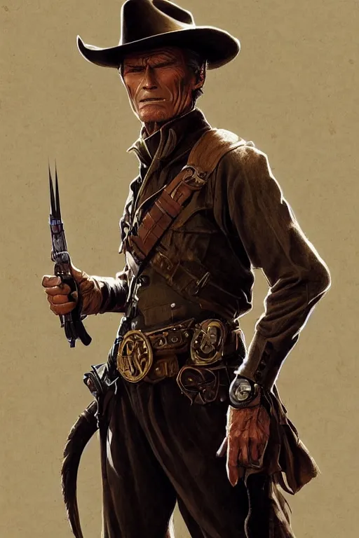 Image similar to heroic character design of clint eastwood, portrait, western, steampunk, duster, fantasy, intricate, elegant, highly detailed, digital painting, artstation, concept art, sharp focus, illustration, art by artgerm and greg rutkowski and alphonse mucha