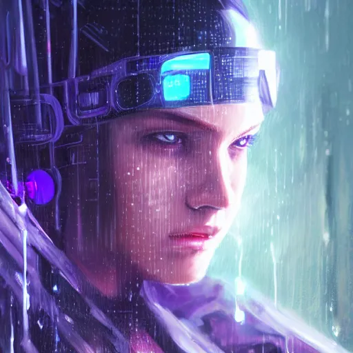 Image similar to very detailed masterpiece painting of a very beautiful wet young cyberpunk woman with a visor, dark purple hair and cybernetics, cyberpunk background, retrowave lighting, raining, closeup, portrait, artstation, concept art by greg rutkowski