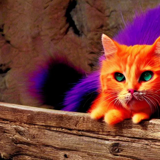 Image similar to orange cat, colored purple like the cheshire cat, photo