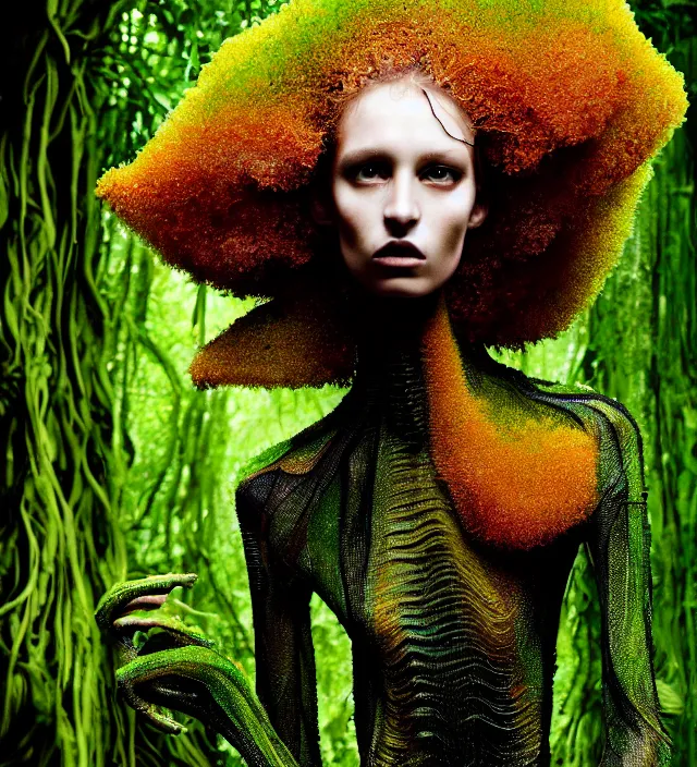 Prompt: photography portrait of one female fashion model in rainforest, wearing fluid organic clothes designed by iris van herpen, creative colorfull - makeup, curly hair style half long, photography by paolo roversi nick knight, helmut newton, avedon, and araki, natural pose, highly detailed