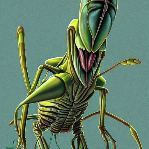 Image similar to biological illustration of mantis - headed bipedal intelligent alien, science fiction, full color, wayne barlow, mike mignogna, douglas netter, - ar 1 8 : 9