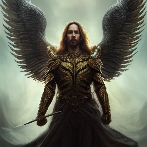 Prompt: Portrait of Archangel Michael, intricate, epic, elegant, menacing, fantasy, highly detailed, digital painting, hard focus, beautiful volumetric lighting, epic light, ultra detailed, by Leesha Hannigan, Ross Tran, Thierry Doizon, Kai Carpenter, Ignacio Fernández Ríos