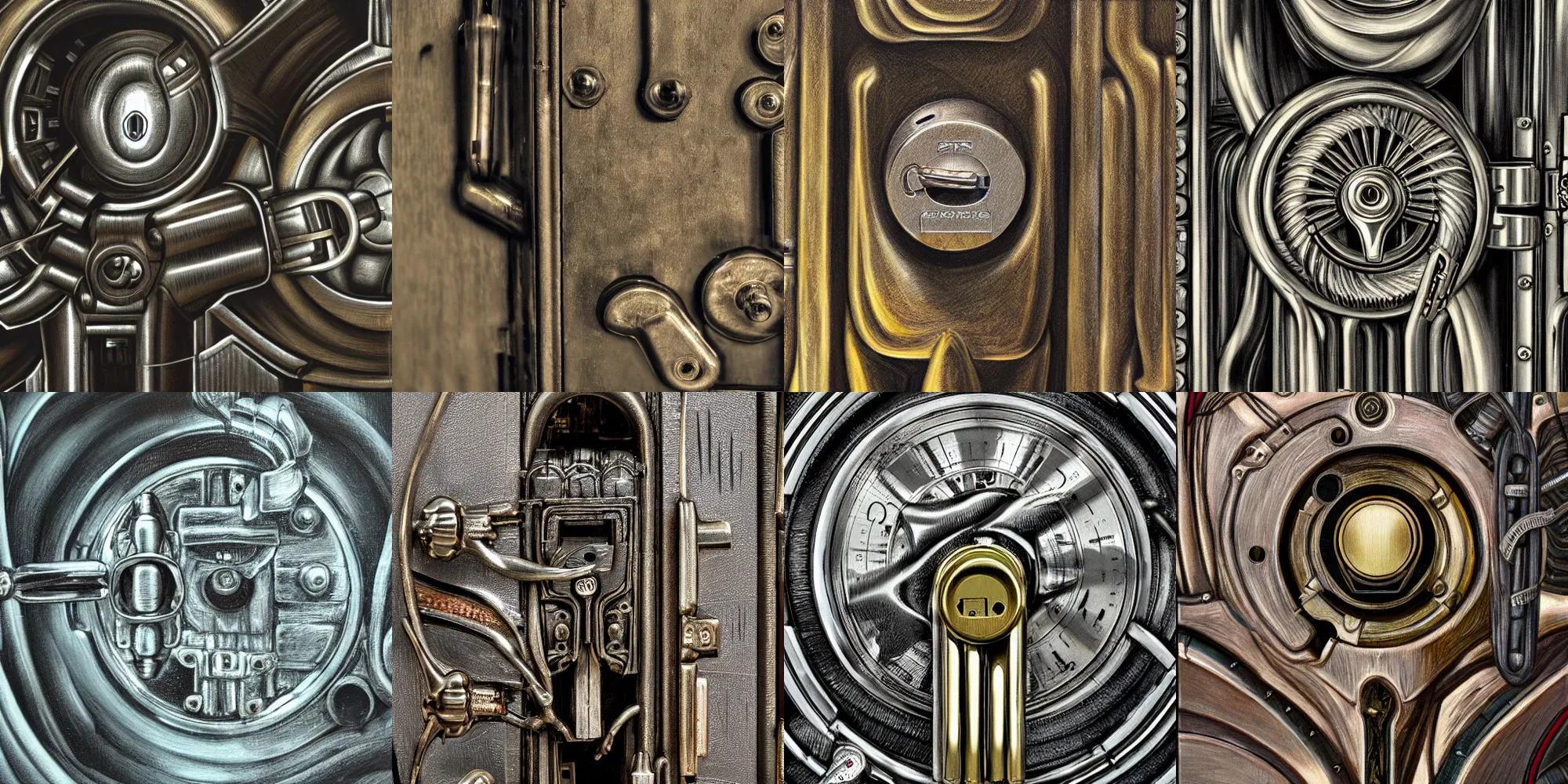 Prompt: closeup of Mechanical Lock, HD, award winning, in style of giger, biomechanics, biomechanical, film grain, medium format, 8k resolution, oil on canvas