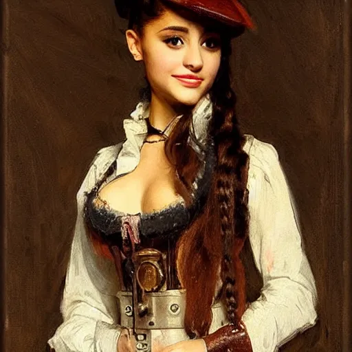 Image similar to Portrait of Ariana Grande in a steampunk blouse, vintage shading, by Ilya Repin