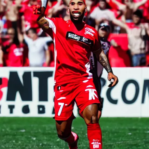Prompt: front picture football player terrence boyd in a red jersey of the 1.fc kaiserslautern celebrating a goal, anime style, looks like it´s from borderlands, very highly detailed, sunny weather