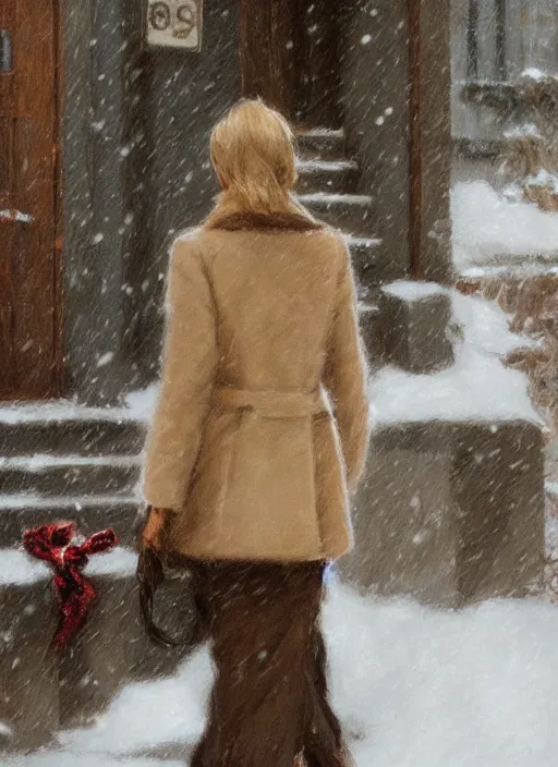 Image similar to back of emma stone in beige coat, walking into new york apartment building in winter, close up of wreath on door, snow, artwork by gaston bussiere, craig mullins, trending on artstation