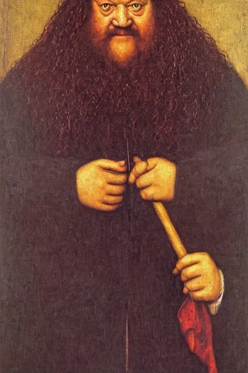Image similar to portrait of hagrid, oil painting by jan van eyck, northern renaissance art, oil on canvas, wet - on - wet technique, realistic, expressive emotions, intricate textures, illusionistic detail