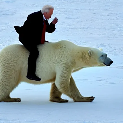 Image similar to a polar bear riding biden