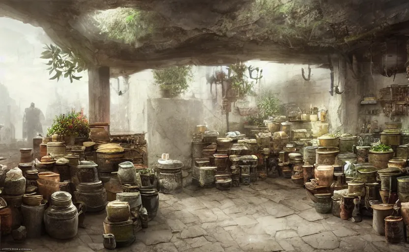 Prompt: an herbalist shop, adobe wall, a simple brick counter in the center, simple wood shelves, lots of jars and boxes of herbs, dark fantasy matte painting in the style of ruan jia and craig mullins