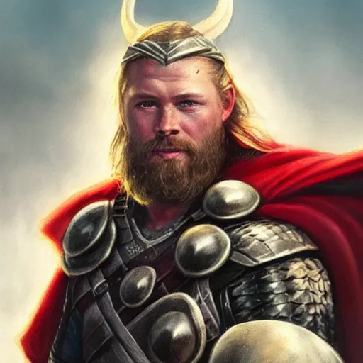 Prompt: viking looking thor, d & d, fantasy, portrait, highly detailed, headshot, digital painting, trending on artstation, concept art, sharp focus, illustration, art by artgerm and greg rutkowski and magali villeneuve