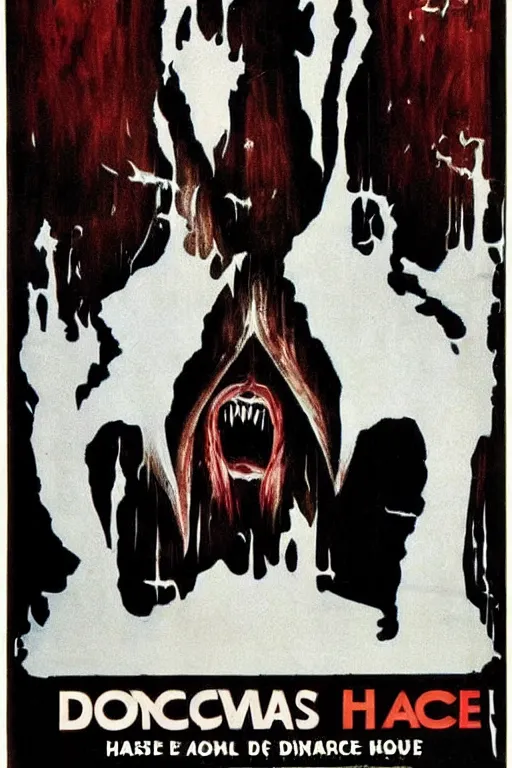 Prompt: a ghost house in the form of a demonic face. 1 9 8 0's horror movie poster