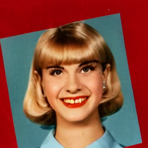 Prompt: a yearbook photo of Betty Cooper in the 1960s, she has bangs