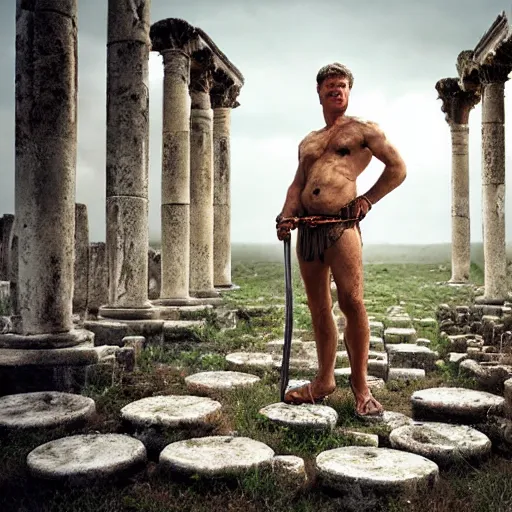 Image similar to portrait of Achilles holding a spear, standing in ruins, fallen columns, highly detailed face, tom chambers photography