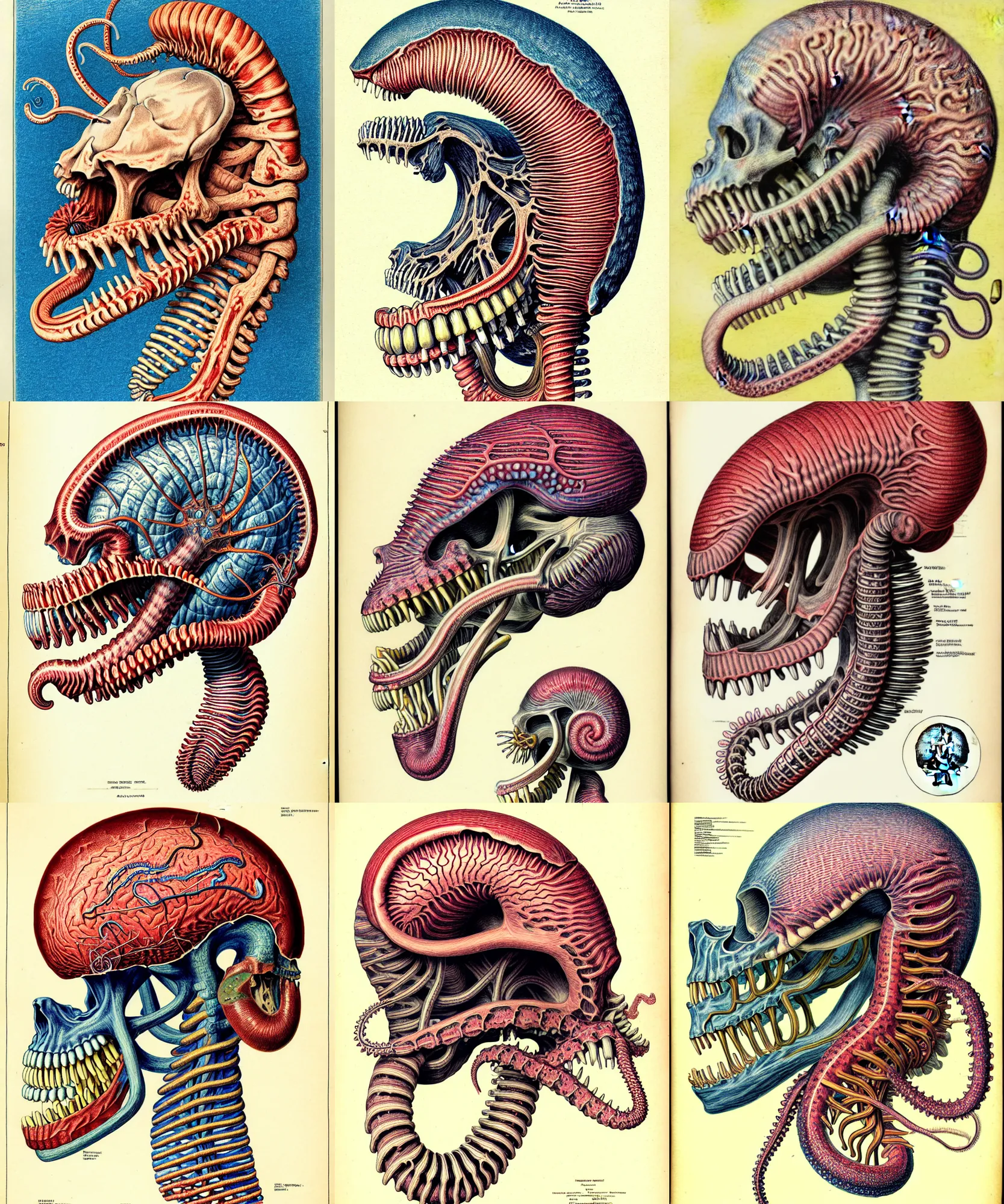 Prompt: hyper-detailed color pencil antique medical illustration of Kaiju head crosssection, nautilus brain, ribcage, xhenomorph, with tentacles coming out of open mouth and exposed jaw bone, symmetrical