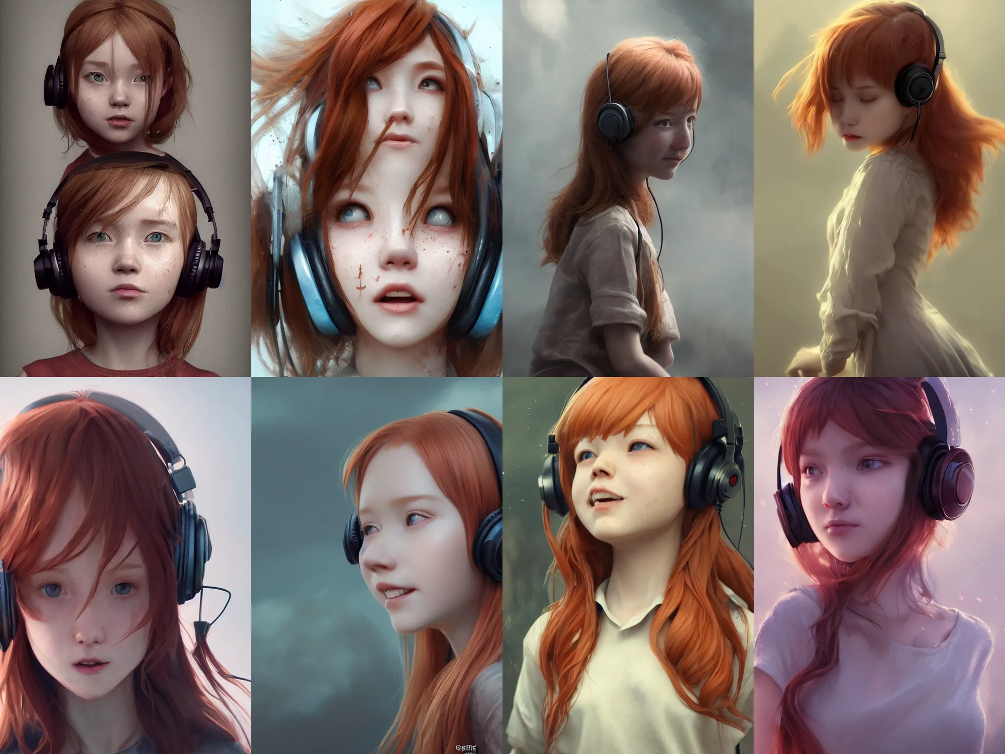 Image similar to complicated dynamic composition,realistic style at CGSociety by WLOP,Greg Rutkowski,trending on artstation. Zbrush sculpt colored,Octane render in Maya and Houdini VFX,realistic close-up face of cute young redhead girl, expressing joy, dress,headphones,silky hair, deep eyes.Amazing textured brush strokes.Cinematic dramatic atmosphere,sharp focus, soft volumetric studio lighting.