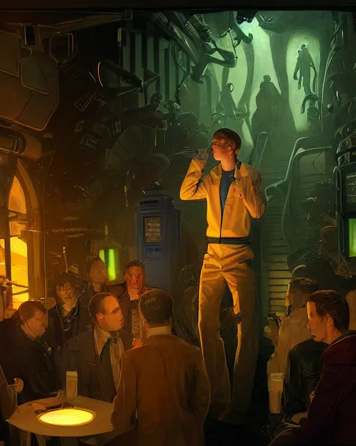 Image similar to medium - shot, vislor turlough played by mark strickson at age 1 8, at the alien space pub, crowded, with lights, interior, from doctor who series, artstation, highly detailed digital painting, smooth, global illumination, sci fi art by greg rutkowsky, karl spitzweg, leyendecker