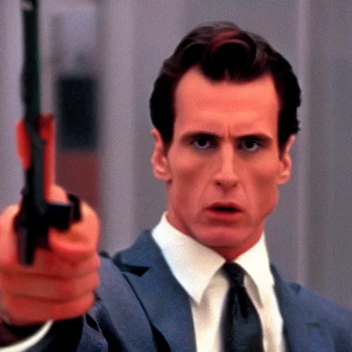 Image similar to patrick bateman shooting cops in american psycho ( 1 9 9 9 )