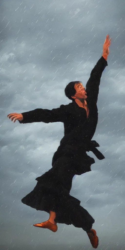 Image similar to antonio gades dancing flamenco on the rain stormcloud realistic