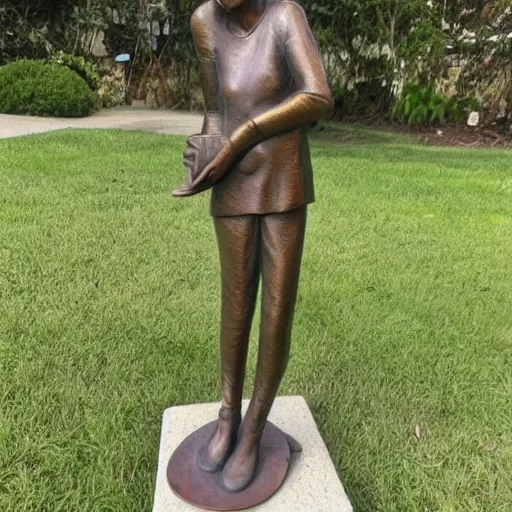 Prompt: realistic bronze statue standing woman holding flower