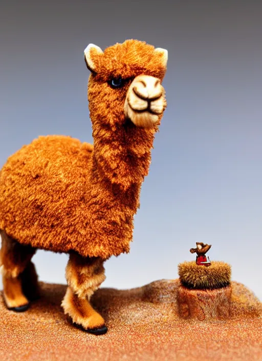 Image similar to 80mm resin detailed miniature of fluffy camel in desert, coca cola in camel head, in background there is fir, Product Introduction Photos, 4K, Full body, simple background