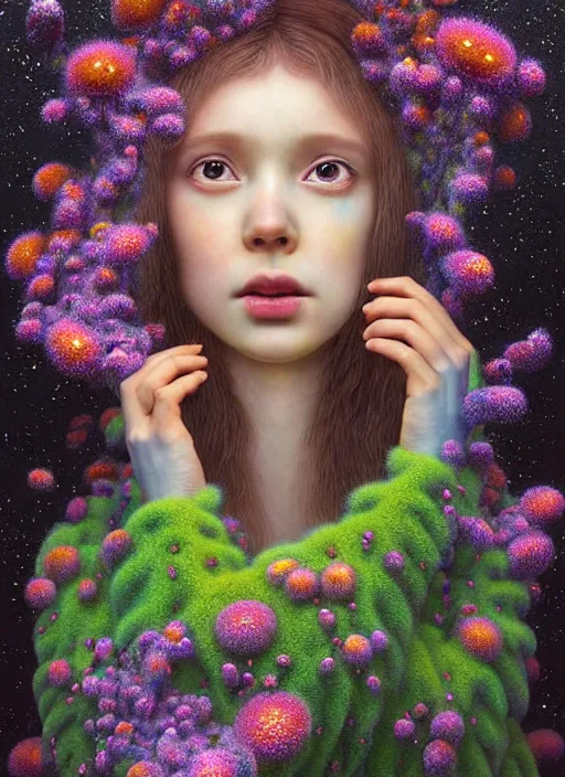 Image similar to hyper detailed 3d render like a Oil painting - kawaii portrait Aurora (brown haired Singer Weasle) seen Eating of the Strangling network of yellowcake aerochrome and milky Fruit and Her delicate Hands hold of gossamer polyp blossoms bring iridescent fungal flowers whose spores black the foolish stars by Jacek Yerka, Mariusz Lewandowski, Houdini algorithmic generative render, Abstract brush strokes, Masterpiece, Edward Hopper and James Gilleard, Zdzislaw Beksinski, Mark Ryden, Wolfgang Lettl, hints of Yayoi Kasuma, octane render, 8k