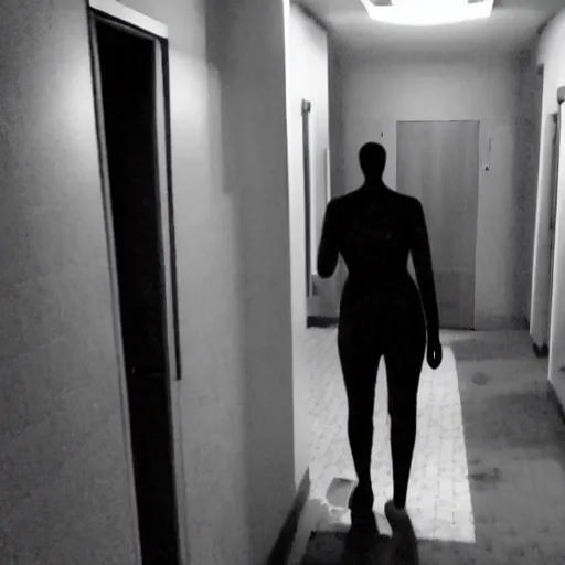 Prompt: creepy hotel hallway with a mannequin, liminal space, trail cam photo