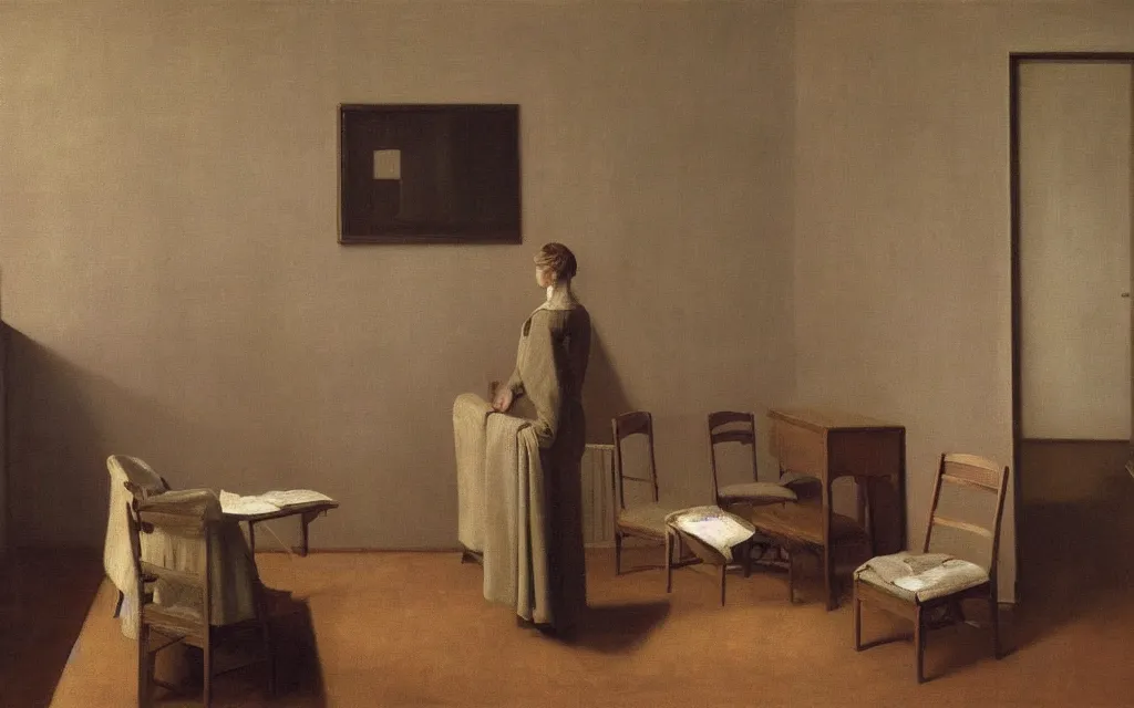 Image similar to a painting of a drama room in spring, oil on canvas, by hammershoi