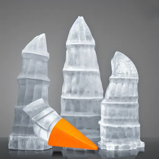 Image similar to Ice sculpture form of traffic cones, white background