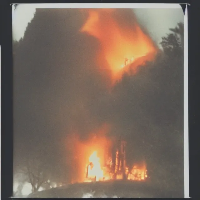 Image similar to polaroid photo of a firey explosion in a gothic church on a hill