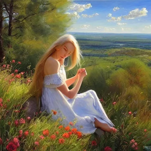 Image similar to blonde woman watching over the swedish countryside, archipelago, masterpiece, highly detailed, beautiful, atmospheric, impressionism, painting by Vladimir Volegov