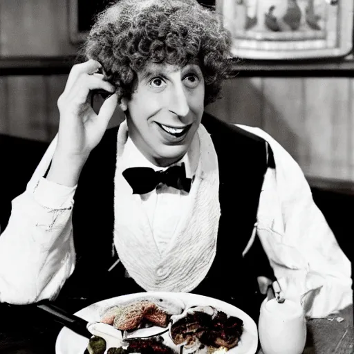 Image similar to harpo marx dines alone at a fancy restaurant
