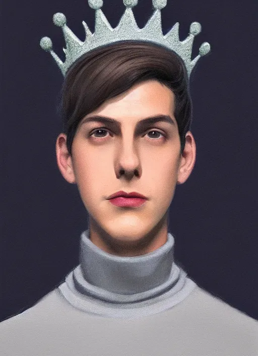 Image similar to portrait of teenage jughead jones wearing a light grey crown, crown, blue turtleneck, 1 9 5 0 s, closed eyes, photorealistic, black hair, glowing lighting, intricate, elegant, glowing lights, highly detailed, digital painting, artstation, concept art, smooth, sharp focus, illustration, art by wlop, mars ravelo and greg rutkowski